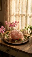 Rose quartz crystal with pink flowers on vintage wooden table near window with floral curtains creating warm natural light for meditation and wellness.