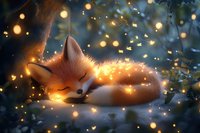 Sleeping red fox surrounded by magical glowing fireflies and bokeh lights in mystical forest setting, creating dreamy woodland atmosphere at dusk.