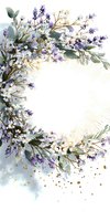 Delicate watercolor wreath with white baby's breath and purple lavender flowers, eucalyptus leaves, and gold splatter on white background. Isolated design for wedding stationery.