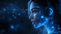 Profile view of young woman with glowing blue digital particles and headphones against dark background, representing artificial intelligence and technology.