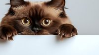 Curious Ragdoll cat with chocolate brown fur and bright green eyes peeking over white edge, showing paws and partial face in playful manner.