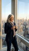 Mature woman with long gray hair, wearing navy blazer and beige scarf, holding coffee cup while gazing at cityscape from high-rise window. Corporate lifestyle and urban professional concept.