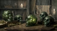 Moss-covered skulls arranged on earth with candles and weathered shelving in shadowy background, suitable for Halloween, gothic, dark fantasy, and occult-themed designs.
