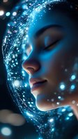 Serene profile portrait with glowing blue particles and light effects creating magical atmosphere. Closed eyes and peaceful expression amid swirling ethereal illumination.