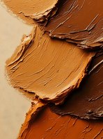 Textured foundation smears in various shades of brown and beige showing creamy consistency and application strokes on neutral background.