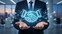 Professional businessman in dark suit holding glowing digital handshake hologram with network connections in modern office environment representing partnership and collaboration.