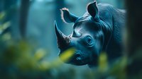 Close-up of black rhinoceros with prominent horn in natural habitat, surrounded by lush green foliage against moody blue background.