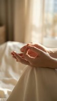 Peaceful meditation hands in mudra position with soft morning light streaming through bedroom window creating serene wellness atmosphere.