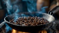 Fresh coffee beans roasting in dark pan with rising steam and smoke, aromatic process captured in dramatic lighting with selective focus on beans.