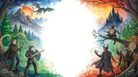 Epic fantasy battle scene with warriors, dragons, and dark castle in mystical landscape for gaming, storytelling, and adventure themed designs.