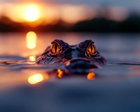 Alligator eyes glowing orange at sunset, partially submerged in dark water with sun reflection creating dramatic wildlife scene at dusk.