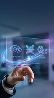 Businessman hand holding transparent digital interface displaying tap-to-pay, QR scan, and digital currency icons with glowing neon lines for fintech and payment technology concepts.