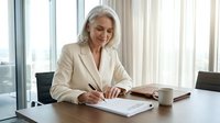 Confident mature businesswoman with gray hair writing documents at modern office desk, professional executive planning strategy in bright corporate workspace.