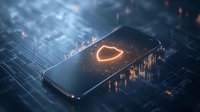 Glowing shield icon on smartphone screen with circuit board background and orange light effects, representing cybersecurity and mobile protection concept.