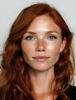 Portrait of young Caucasian woman with long wavy red hair and freckles looking at camera with natural makeup and confident expression for beauty campaigns.