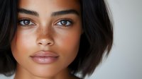 Young woman with freckles, brown eyes and natural makeup wearing nude lipstick against light background. Close up beauty portrait showing glowing skin and short dark hair.