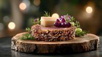 Rustic wooden board with artisanal cheese, fresh purple and green grapes, and aromatic herbs against blurred warm bokeh lights, creating gourmet appetizer setting.