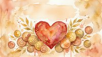 Watercolor red heart surrounded by golden coins and leaves on warm beige background with copy space for Valentine or finance design.