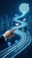 Business hand pointing toward glowing target with winding path of success icons including rocket, handshake, gears, and lightbulb against city skyline backdrop.