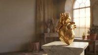 Golden anatomical heart sculpture on marble table in sunlit room with warm lighting and classical interior decor for medical education and art display.