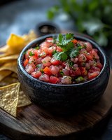 Fresh pico de gallo salsa with diced tomatoes, onions, and cilantro served in black stone bowl on wooden board with tortilla chips and lime wedge.