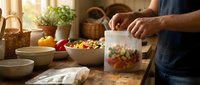 Person with medium skin tone storing fresh vegetable salad in clear container on kitchen counter with natural ingredients and bowls nearby.