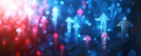 Glowing blue arrows pointing upward against blurred bokeh background in red and blue colors, representing growth, success and future direction.
