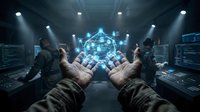 Hands presenting glowing holographic network cube in futuristic control room with team of technicians working on computers in background.