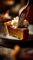 Fork piercing slice of pumpkin pie topped with whipped cream on rustic plate, warm autumn dessert in moody lighting.