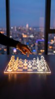 Businessman hand reaching for chess piece on illuminated board with blurred city skyline at dusk, strategic planning and decision making concept.