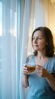 Middle-aged Caucasian woman enjoying morning tea by window in casual gray shirt, peaceful moment of relaxation and contemplation at home.