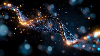 Glowing DNA strand with blue and gold particles floating in dark space, surrounded by bokeh lights and sparkles creating magical scientific atmosphere.