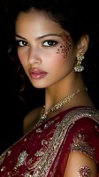 Young South Asian woman wearing traditional burgundy sari with ornate embroidery and jewelry, featuring face art design and dramatic makeup against dark background.