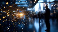 Atmospheric night scene with blurred silhouettes and glowing bokeh lights creating magical ambiance. Dark blue tones with golden light spots and reflective surface create dreamy mood.