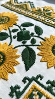 Traditional sunflower embroidery on white linen fabric with golden yellow petals and green leaves in decorative folk art style for textile crafts and home decor.