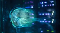 Futuristic clock with glowing cyan energy waves and digital bokeh lights representing time flow, technology and temporal concepts for modern design projects.