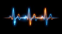Glowing neon heartbeat pulse wave with blue and orange light effects on black background for medical technology and healthcare designs.