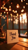 Thank you card with warm bokeh lights creating cozy atmosphere for gratitude messages, holiday greetings and appreciation notes.