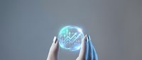 Hands holding glowing neon orb with upward arrow chart symbol, representing financial growth, business success, and data analytics for corporate presentations.