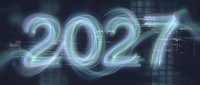 Glowing neon 2027 numbers with futuristic holographic effect against dark digital grid background for New Year celebration and technology concepts.