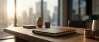 Modern wooden cutting board with kitchen utensils on counter overlooking city skyline at sunset for culinary and home cooking concepts.