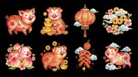 Cute pig characters with gold coins and red lanterns isolated on transparent background, ready for t-shirt design, stickers, clipart, print-on-demand products and sublimation projects.