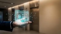 Businessman hand displaying holographic digital interface with glowing data visualization and network connections in modern office environment.