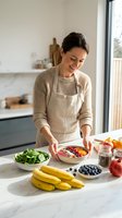 Young woman preparing healthy smoothie bowl with fresh fruits and berries in modern kitchen wearing beige apron and sweater for breakfast meal prep.