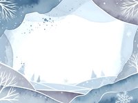 Winter landscape frame with snow-covered mountains and pine trees in soft blue and white watercolor style for seasonal greeting cards and holiday designs.