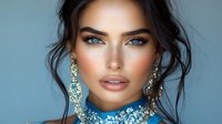 Young brunette woman with glamorous makeup wearing luxury jewelry and blue dress for fashion portrait photography.