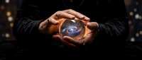 Hands protecting glowing crystal ball with cosmic energy and stars, fortune telling and mystical prediction concept for spiritual guidance and divination.