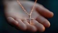 Delicate rose gold cross pendant with tiny crystals hanging on thin chain against blurred palm background, soft bokeh lighting creates spiritual atmosphere.