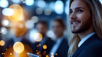 Young Caucasian businessman with long blonde hair and beard smiling confidently at corporate event. Blurred bokeh lights and people create atmospheric background.