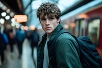Young Caucasian male student with backpack at subway station platform. Moody urban atmosphere with bokeh lights and commuters in background. Green jacket, curly hair.